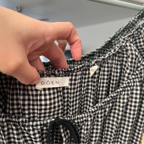 DÔEN Quinn Gingham Midi Dress Gray Tie Front Shirred Organic Cotton Size M - Picture 4 of 7